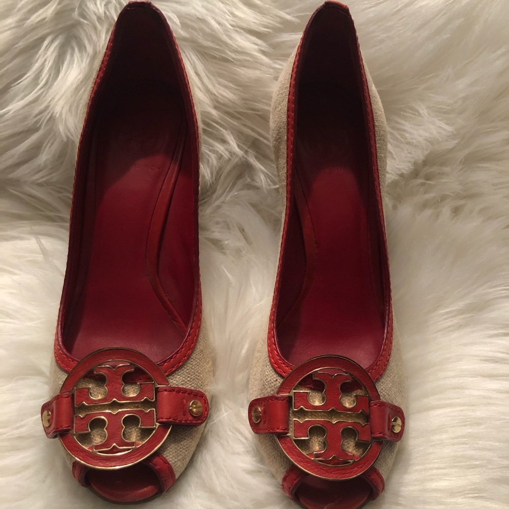 Canvas and Orange Leather Tory Burch Wedge Heels